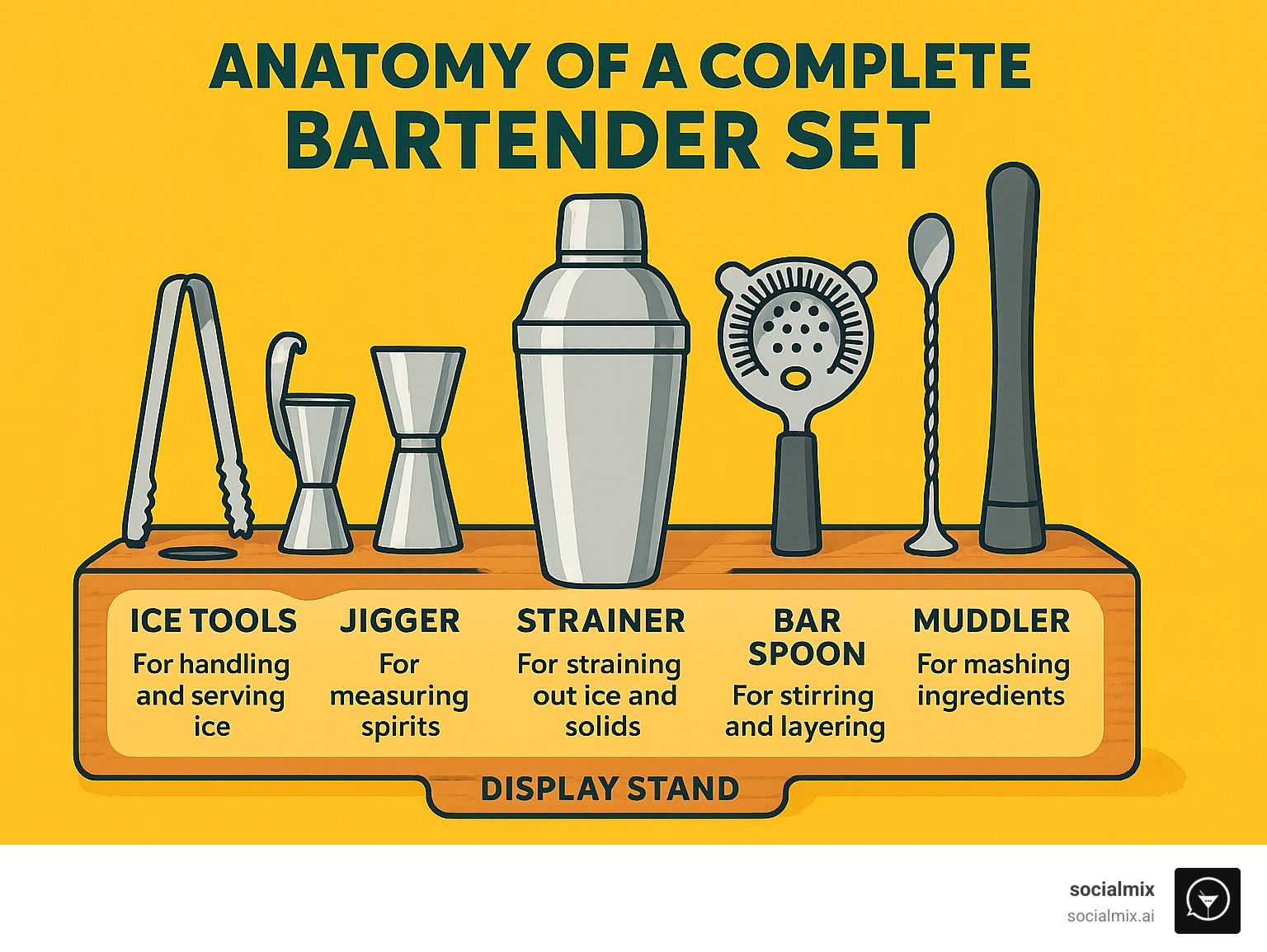 Anatomy of a Complete Bartender Set showing essential components labeled: cocktail shaker, jigger, strainer, bar spoon, muddler, ice tools, and display stand with descriptions of each tool's purpose - best bartender set infographic 