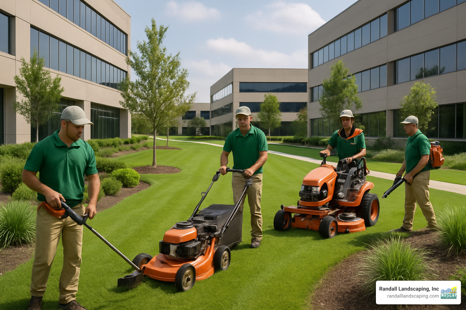 professional landscapers working on commercial property - commercial landscape maintenance contract