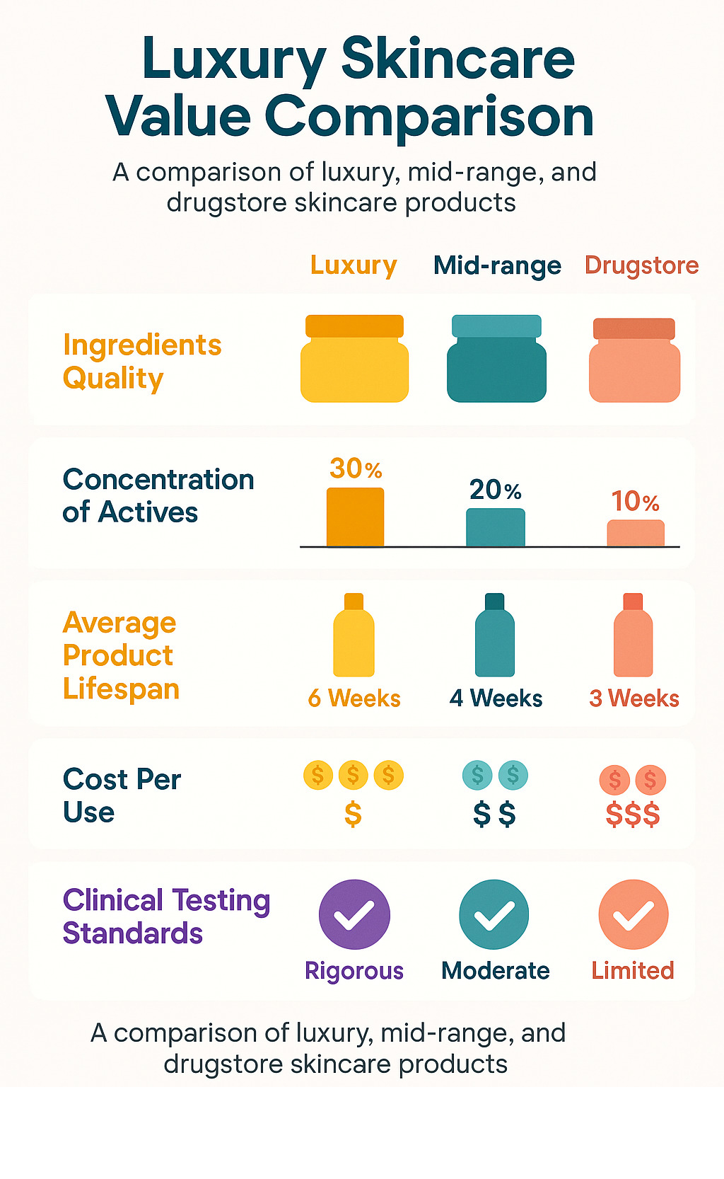 Luxury Skincare Value Comparison showing ingredients quality, concentration percentages, average product lifespan, cost per use analysis, and clinical testing standards between luxury, mid-range, and drugstore products - luxury skincare products infographic 