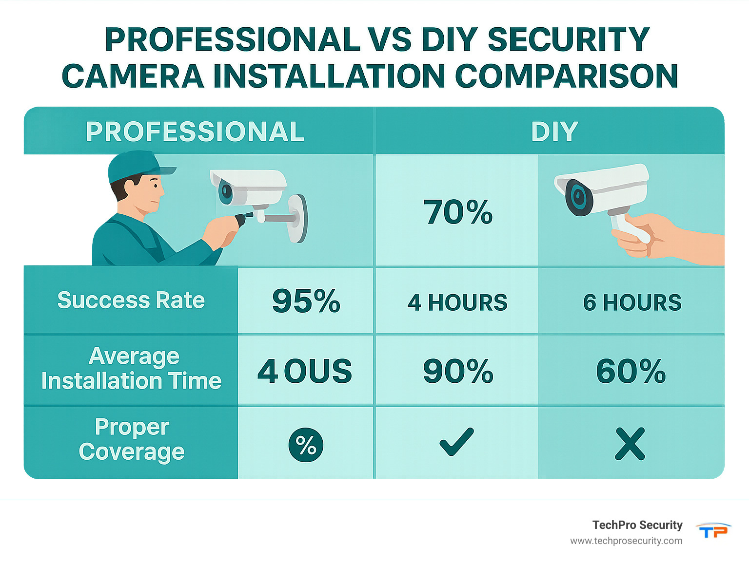 Professional vs DIY Security Camera Installation Comparison showing success rates, average installation time, proper coverage percentage, and long-term reliability - security camera installer infographic 