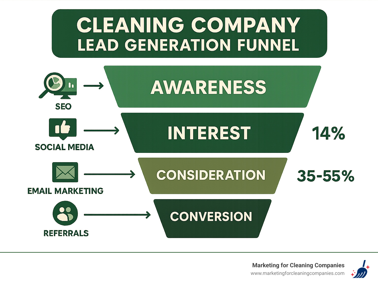 Cleaning Company Lead Generation Funnel showing the process from awareness to conversion, including channels like SEO, PPC, social media, email marketing, and referrals with conversion rates at each stage - Cleaning Company Lead Generation infographic