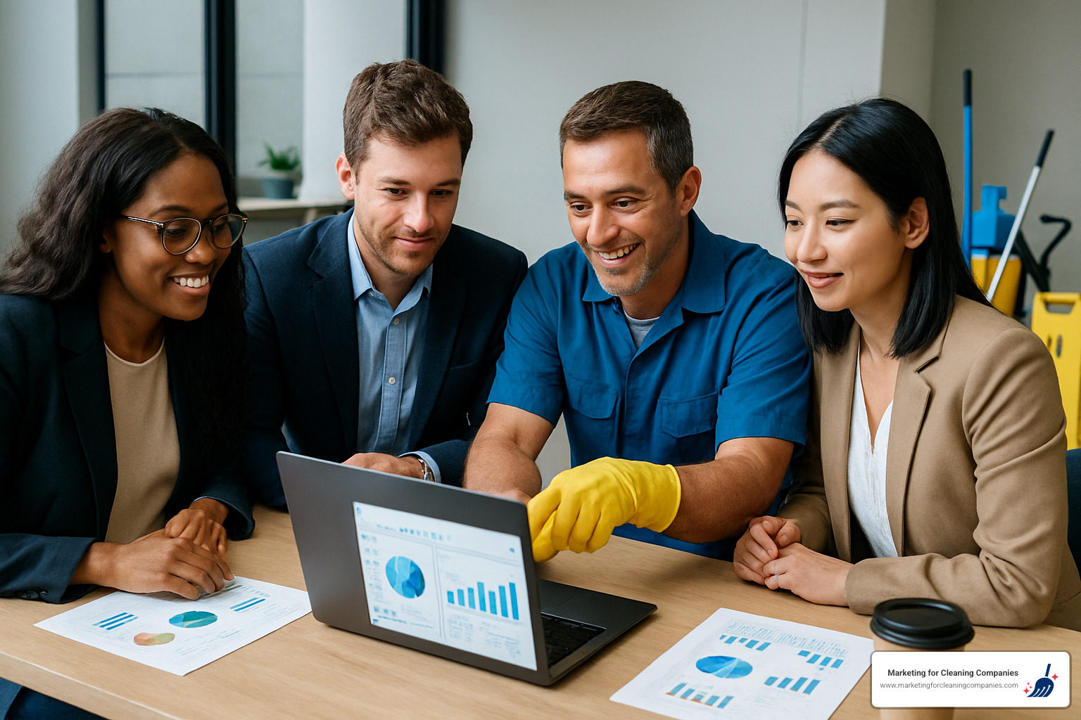 Marketing for Cleaning Companies team helping a cleaning business owner analyze their lead generation strategy - Cleaning Company Lead Generation