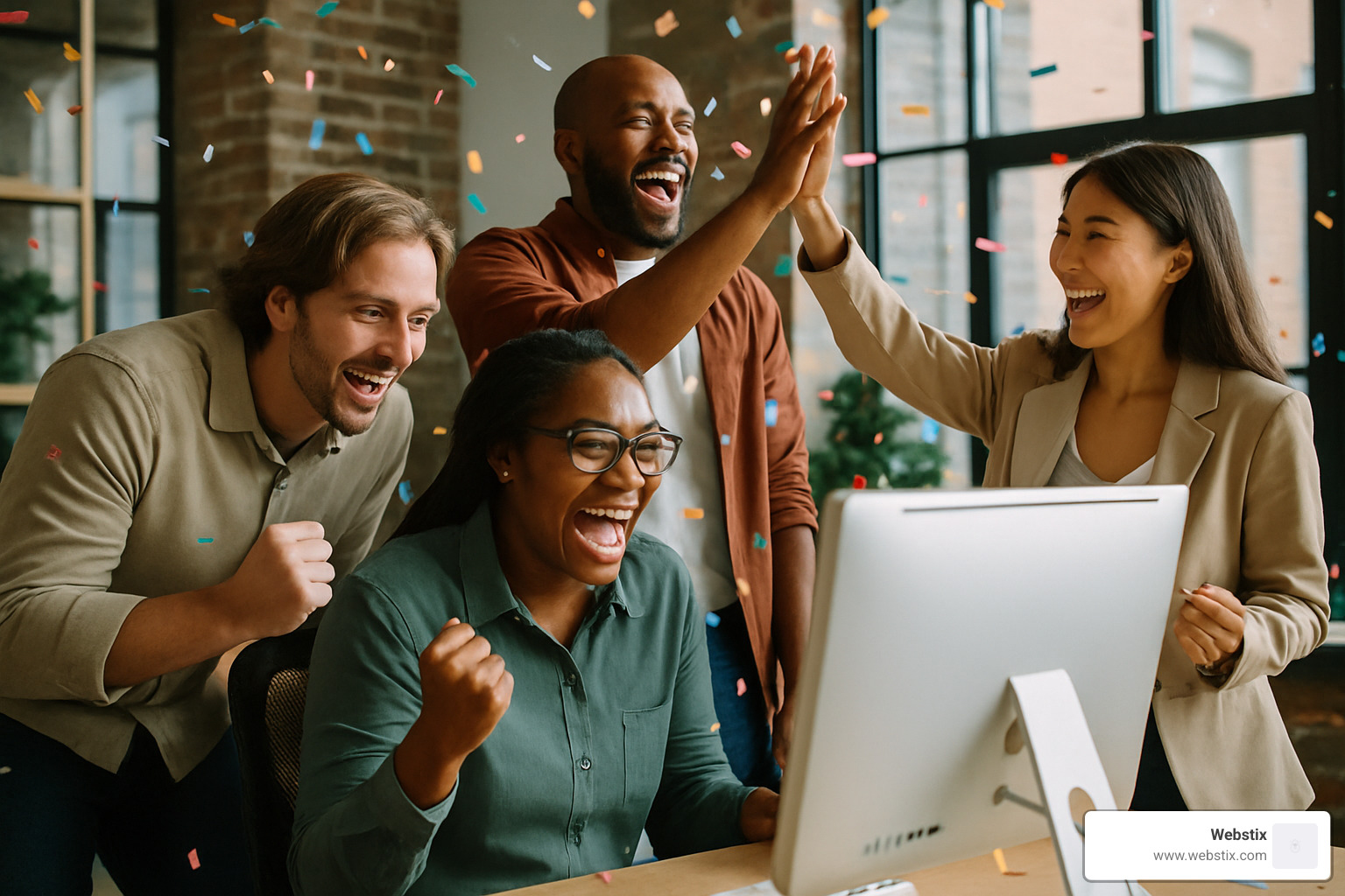 web agency team celebrating a successful website launch - web agency near me