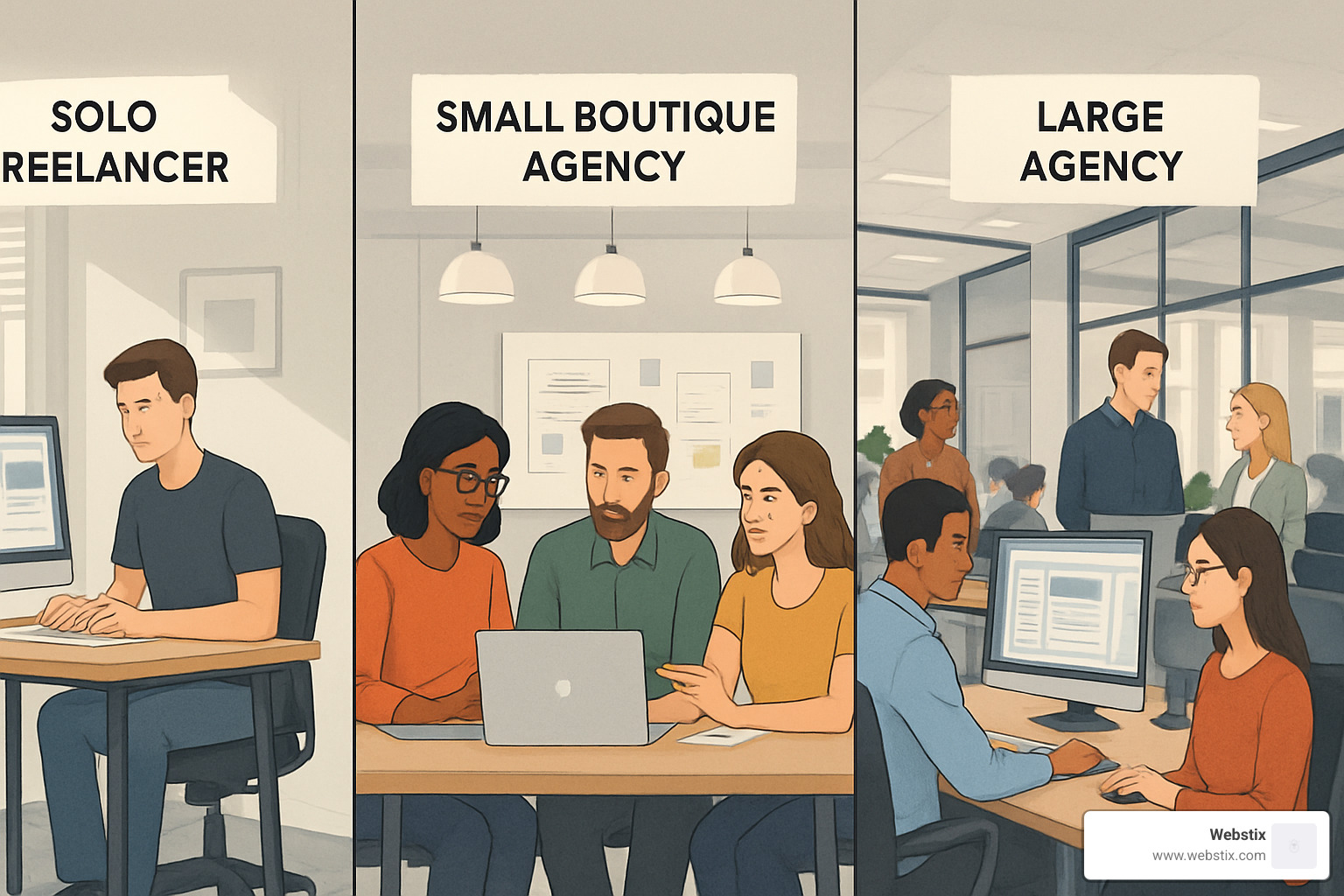 different sizes of web design teams from freelancer to large agency - web agency near me