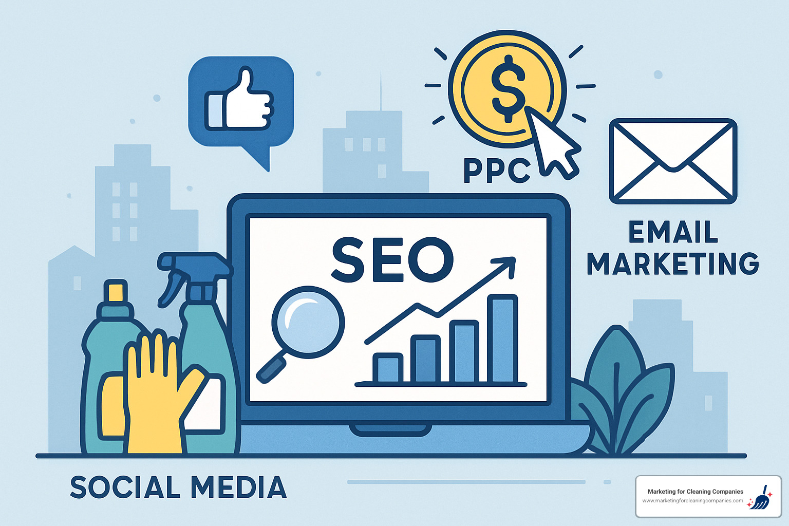 Digital marketing tactics for cleaning companies showing SEO, PPC, social media, and email marketing - Cleaning Company Lead Generation