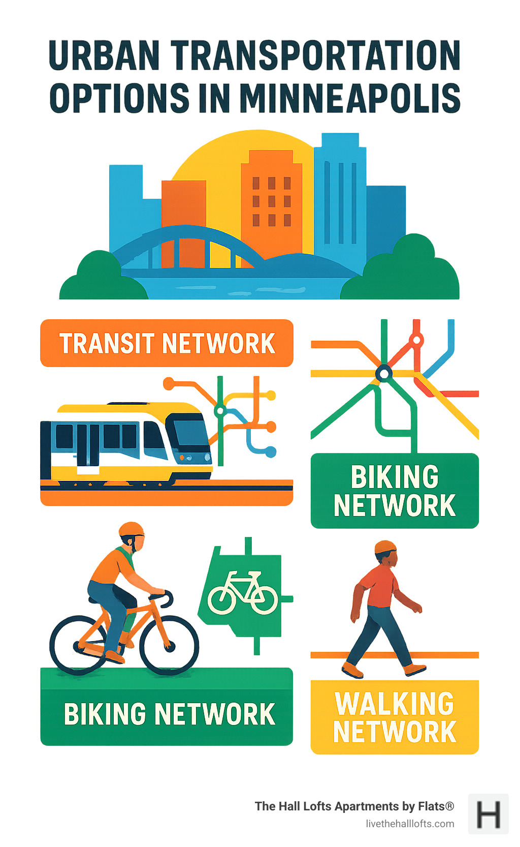 urban transportation options in Minneapolis showing transit, biking, and walking networks - urban living spaces minneapolis infographic 