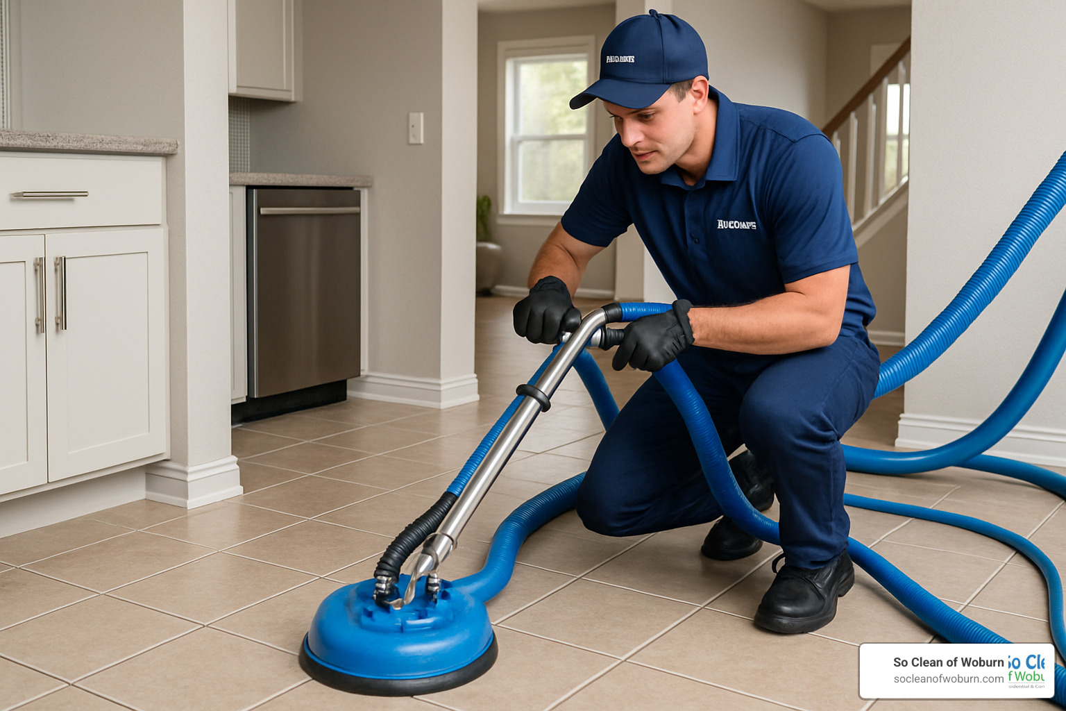 Professional technician cleaning grout lines with specialized equipment - tile floor cleaning services