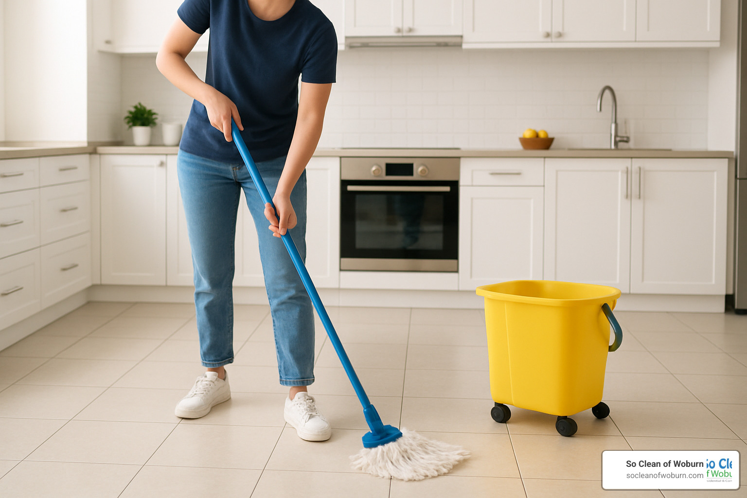 Person mopping tile floor with proper technique - tile floor cleaning services