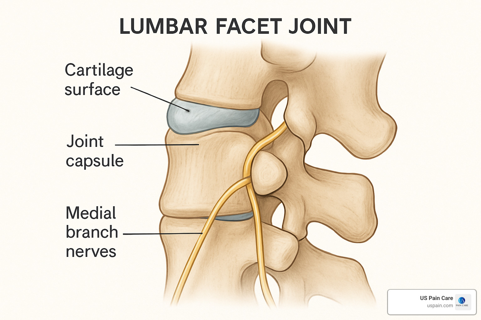 Lumbar facet joint close-up showing cartilage, joint capsule, and medial branch nerves - lumbar facet joint pain Lumbar facet joint close-up showing cartilage, joint capsule, and medial branch nerves - lumbar facet joint pain