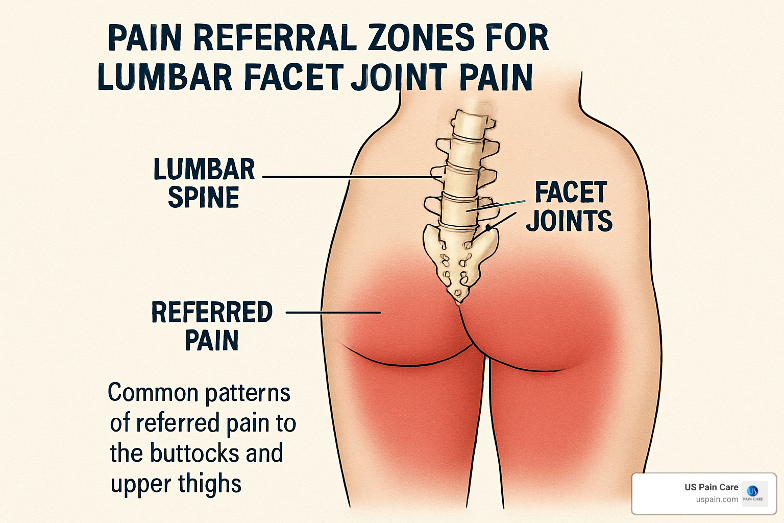 Pain referral zones for lumbar facet joint pain showing common patterns of referred pain to buttocks and thighs - lumbar facet joint pain Pain referral zones for lumbar facet joint pain showing common patterns of referred pain to buttocks and thighs - lumbar facet joint pain