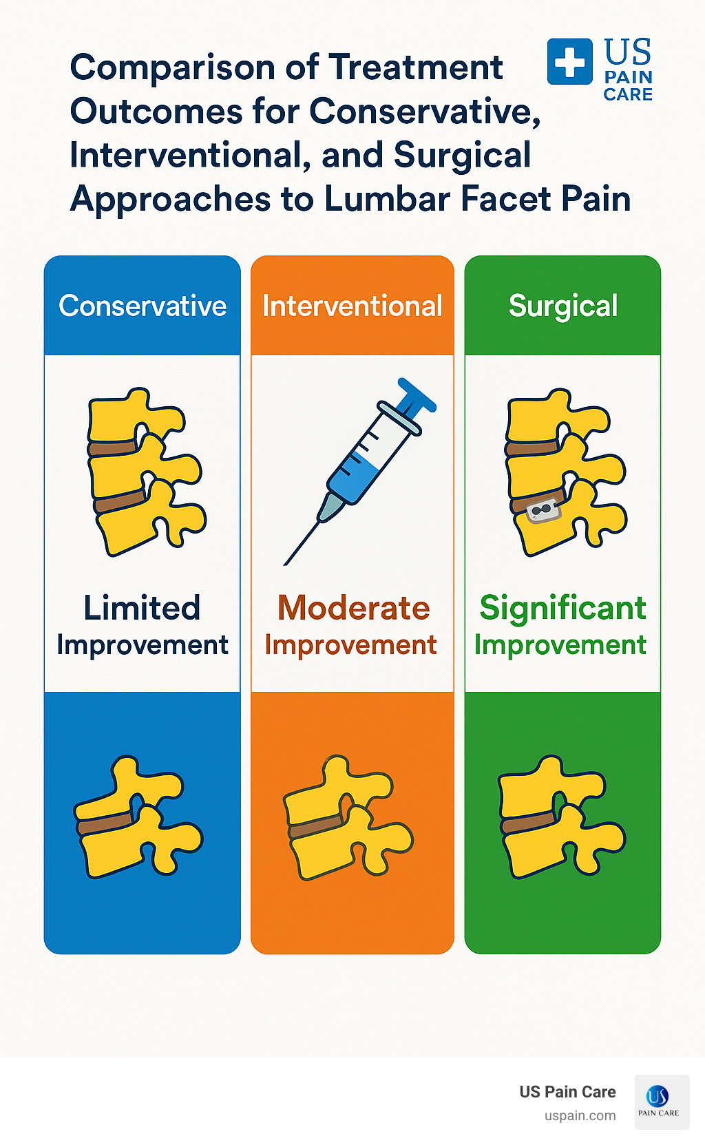 Comparison of treatment outcomes for conservative, interventional, and surgical approaches to lumbar facet joint pain - lumbar facet joint pain infographic Comparison of treatment outcomes for conservative, interventional, and surgical approaches to lumbar facet joint pain - lumbar facet joint pain infographic