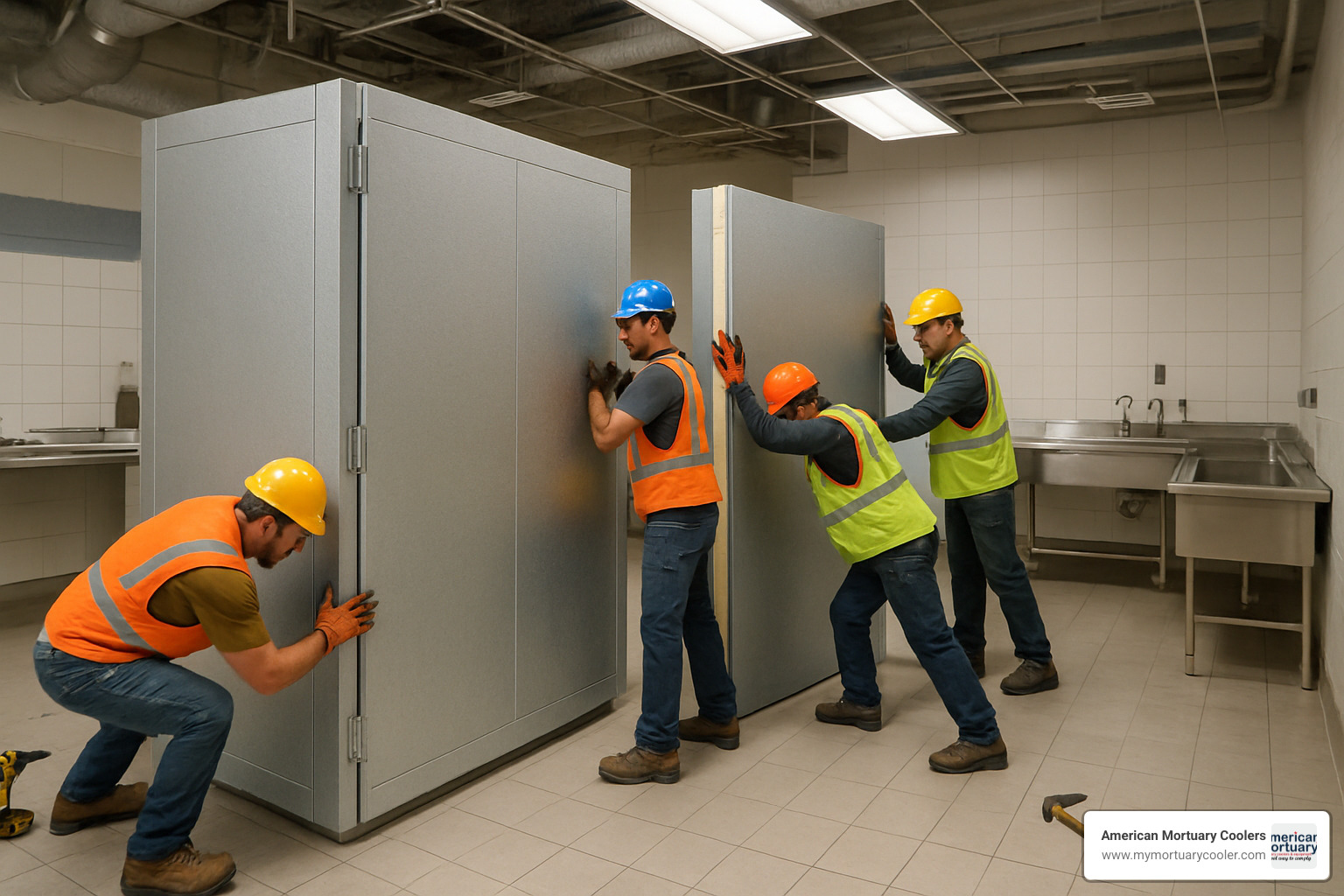 installation crew positioning walk-in panels - body fridges