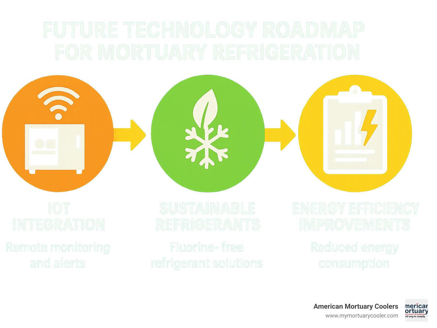 Future technology roadmap for mortuary refrigeration showing IoT integration, sustainable refrigerants, and energy efficiency improvements - body fridges infographic 