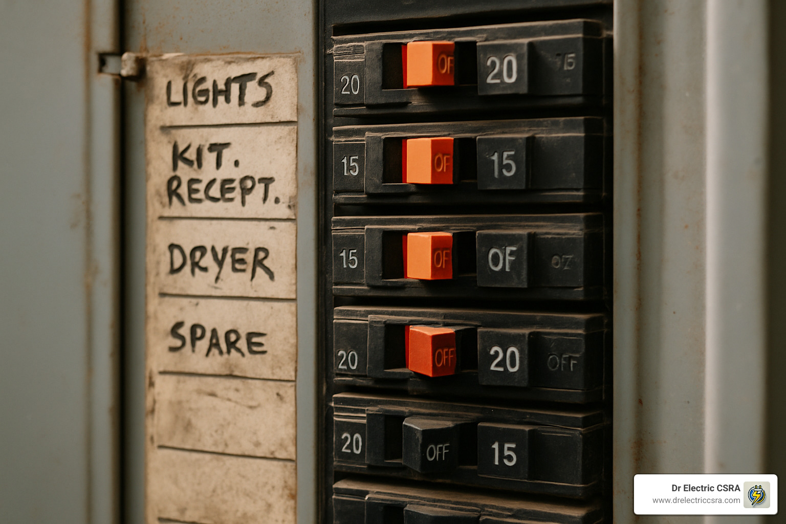Electrical panel with labeled circuit breakers for lights, dryer, and spare, showcasing a 100-amp capacity, relevant to electrical panel upgrades and safety.