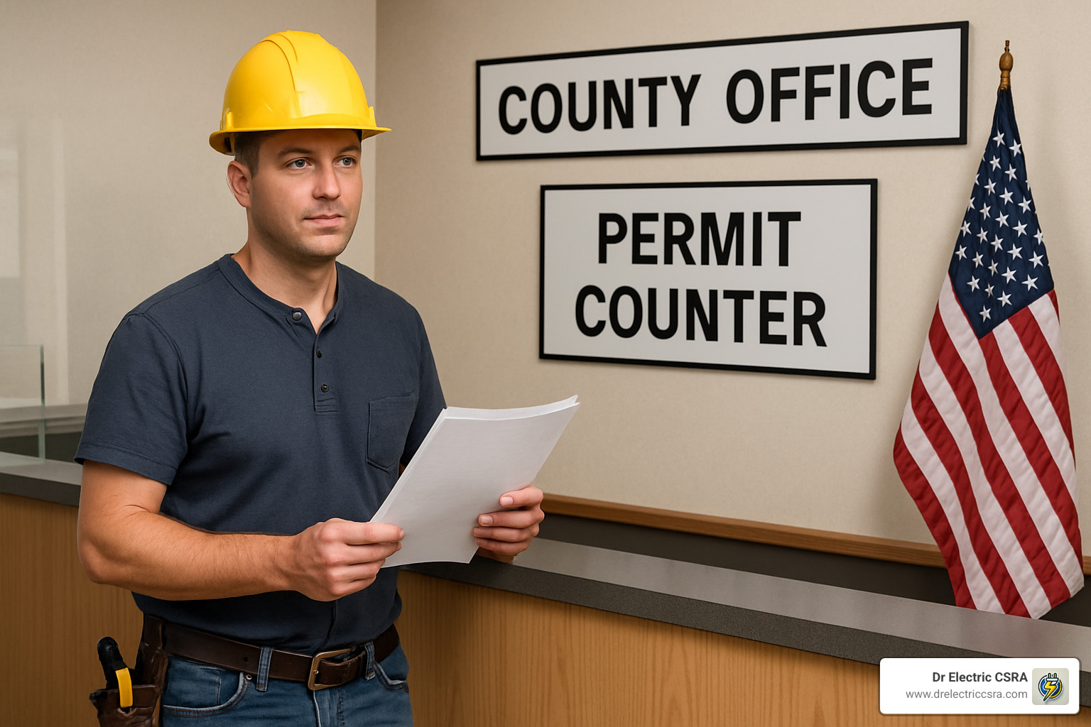 Man in a hard hat holding permit documents in front of a county office permit counter, with an American flag displayed, representing the permitting phase of electrical panel upgrades.