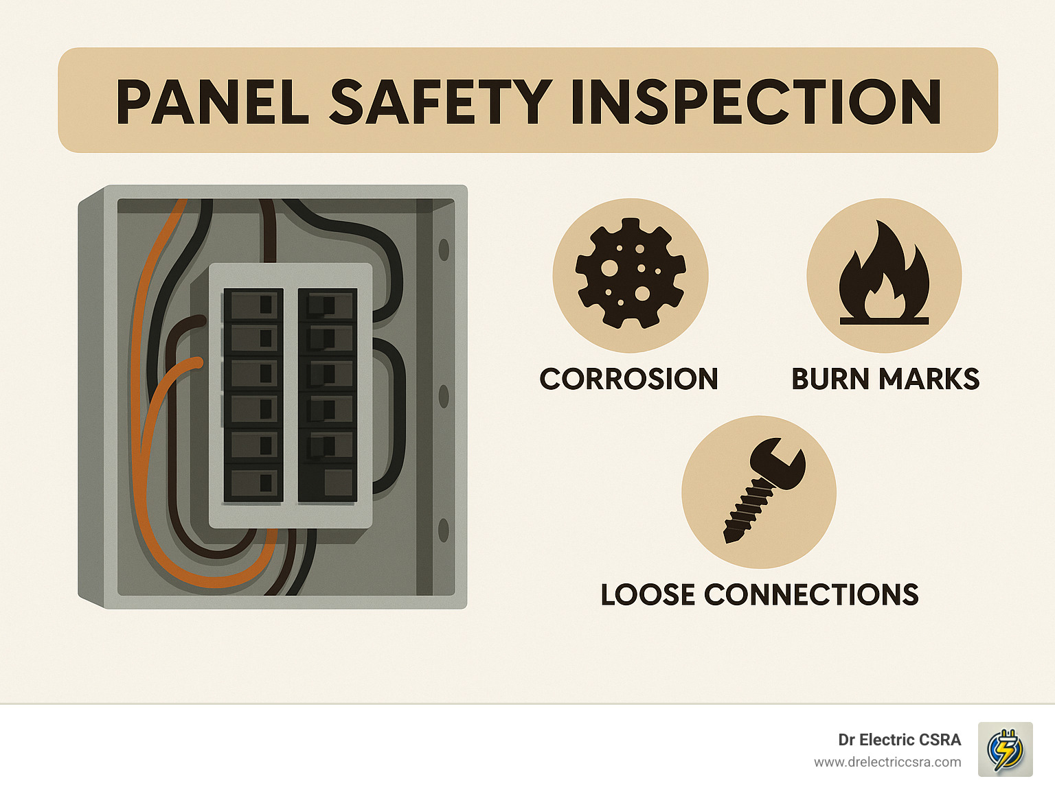 Electrical panel illustration highlighting panel safety inspection with icons for corrosion, burn marks, and loose connections, emphasizing the importance of identifying warning signs for electrical safety.