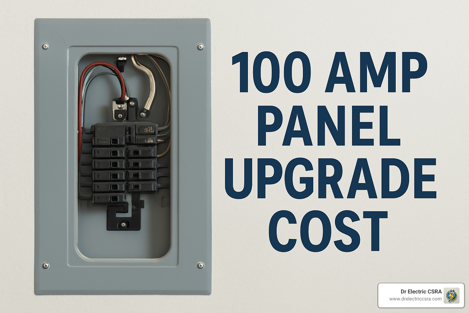 100 amp electrical panel with text highlighting "100 AMP PANEL UPGRADE COST," relevant to electrical upgrades and budgeting for homeowners.
