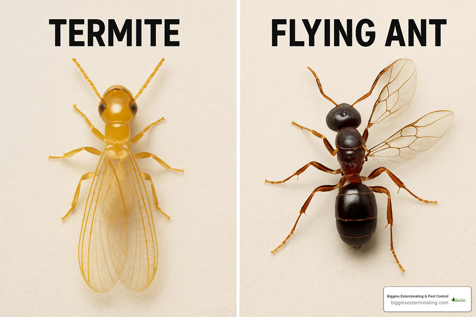 comparison of termite and flying ant showing physical differences - how do you know if you have termites