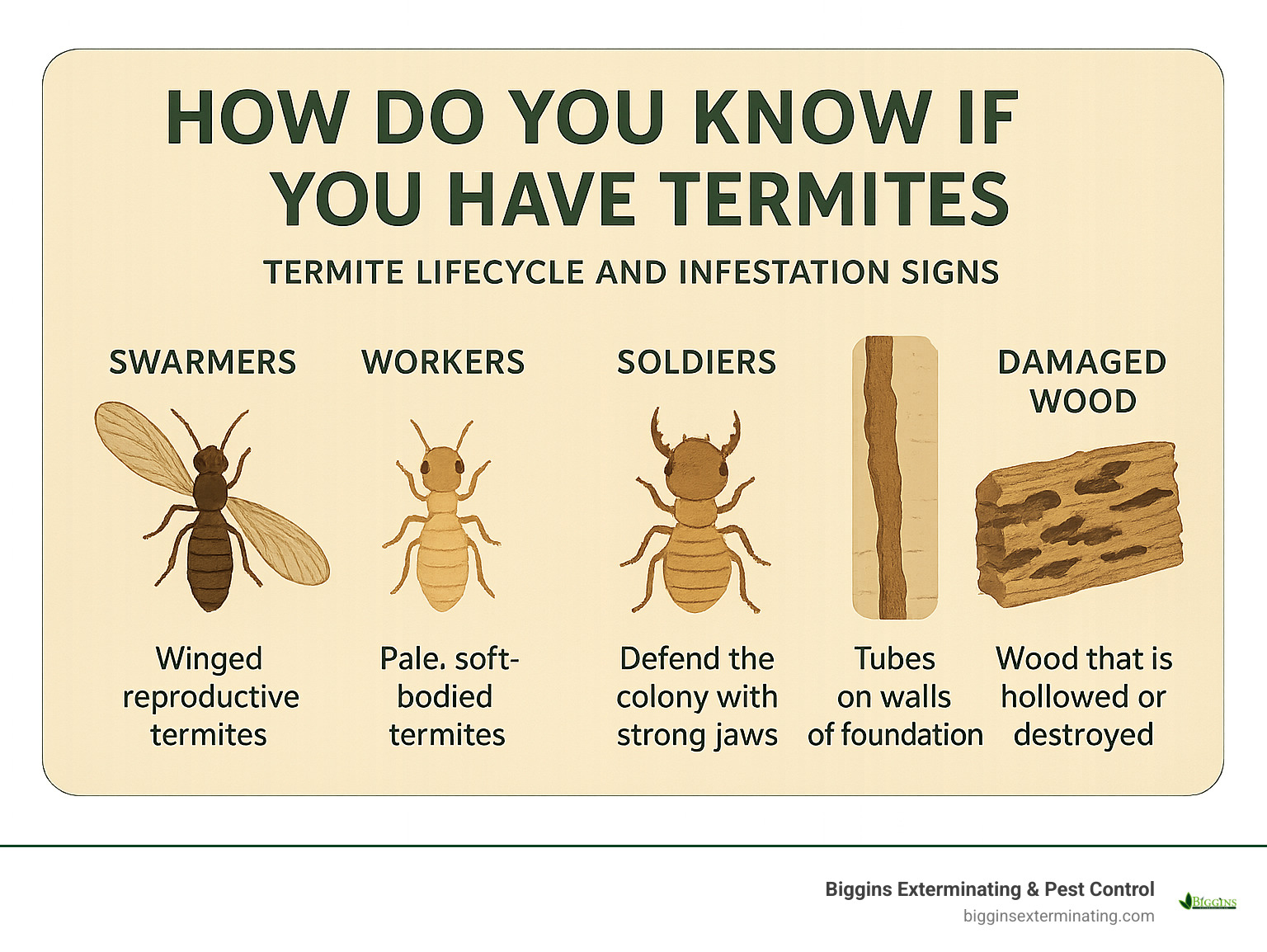 Termite lifecycle and infestation signs showing swarmers, workers, soldiers, mud tubes, and damaged wood with descriptions of each sign - how do you know if you have termites infographic