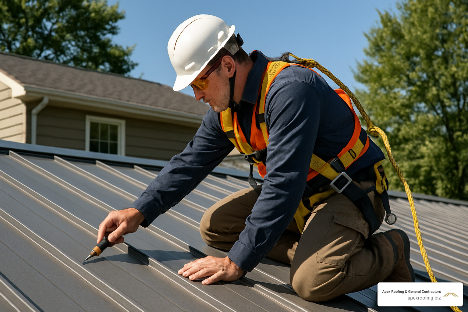 Metal roof maintenance technician performing annual inspection - best metal roofer near me