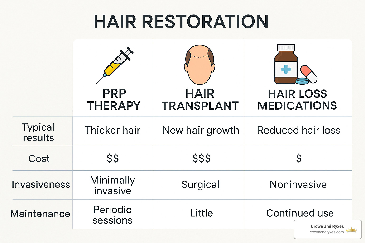 Comparison of hair loss treatments showing PRP, transplant, and medication results - prp hair treatment cost in india