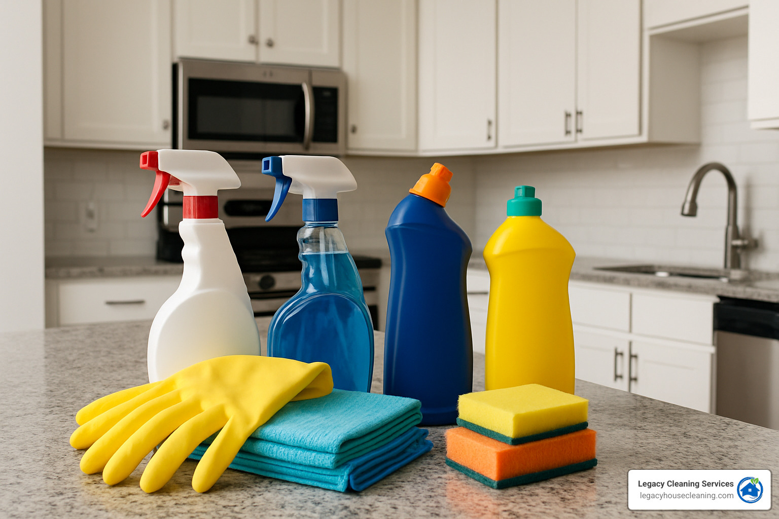 cleaning supplies organized on countertop - move out cleaning checklist