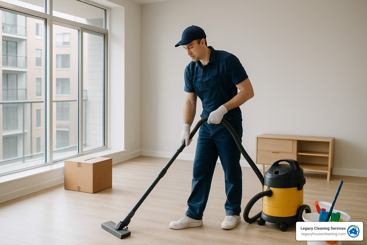 professional cleaner in empty room - move out cleaning checklist