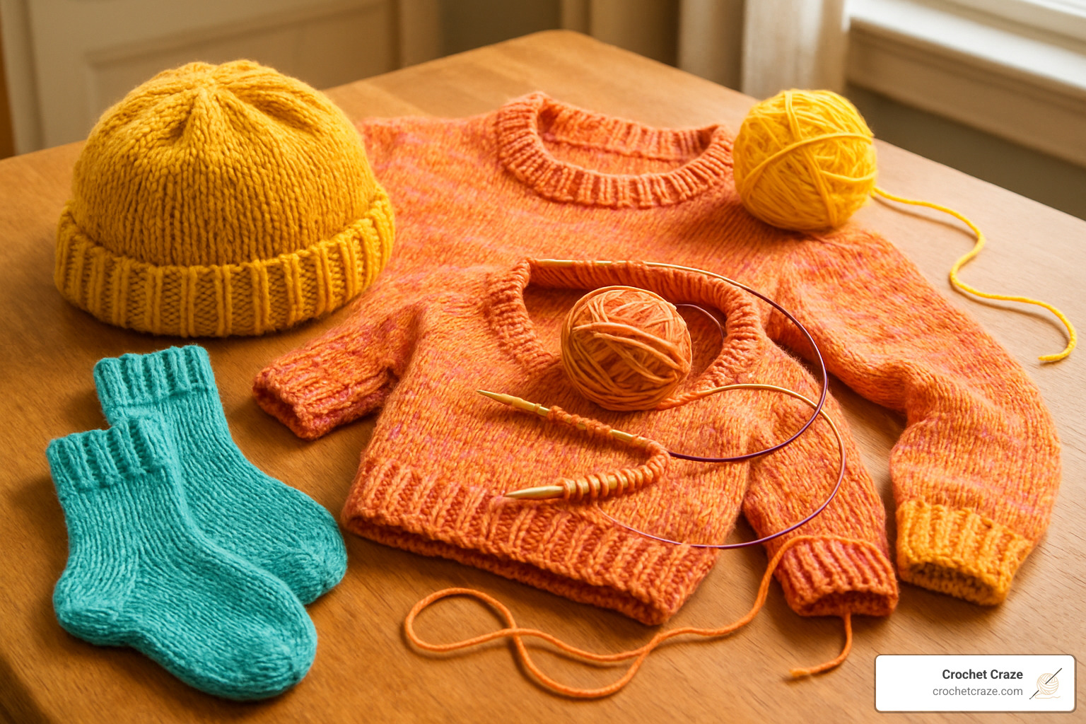 Various projects made with circular needles including hats, sweaters, and socks - circular needle knitting
