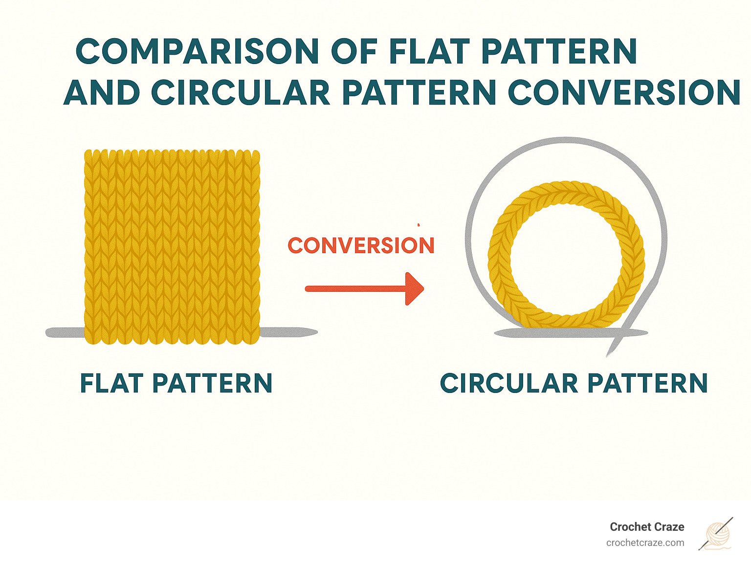 Comparison of flat pattern and circular pattern conversion - circular needle knitting infographic