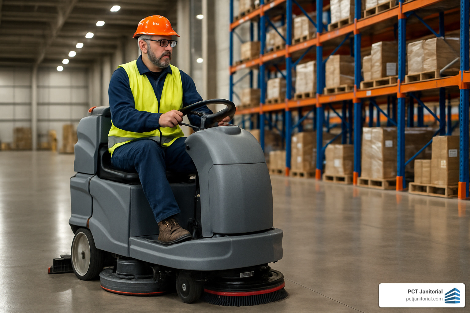 warehouse cleaning technician using floor scrubber - warehouse cleaning services