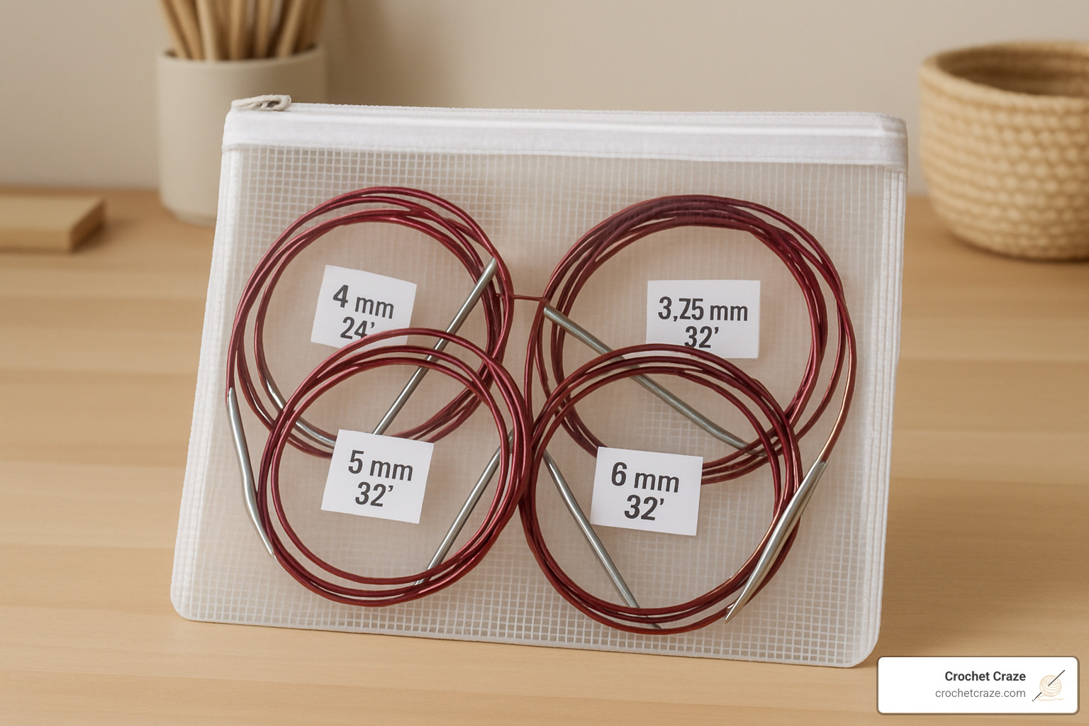 Coiled circular needles stored in a zippered pouch with size labels - circular needle knitting