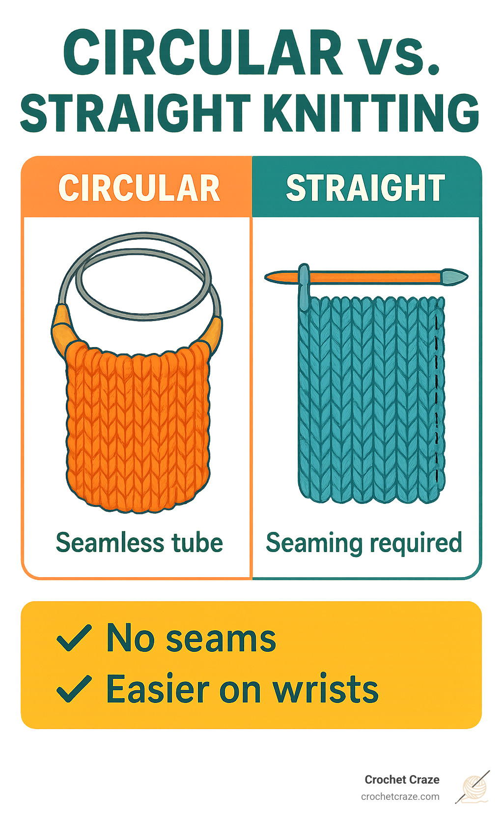 Circular vs straight knitting workflow comparison showing how circular needles create seamless tubes while straight needles require seaming, with illustrations of both methods side by side and the advantages of each technique clearly labeled - circular needle knitting infographic