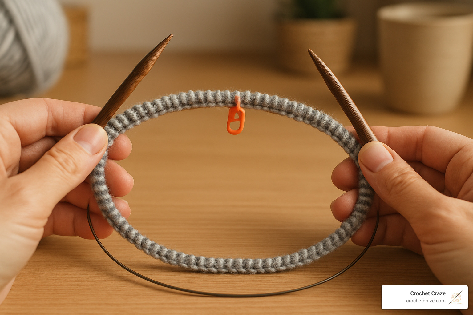 Untwisted cast-on ready to join in the round with stitch marker placed - circular needle knitting