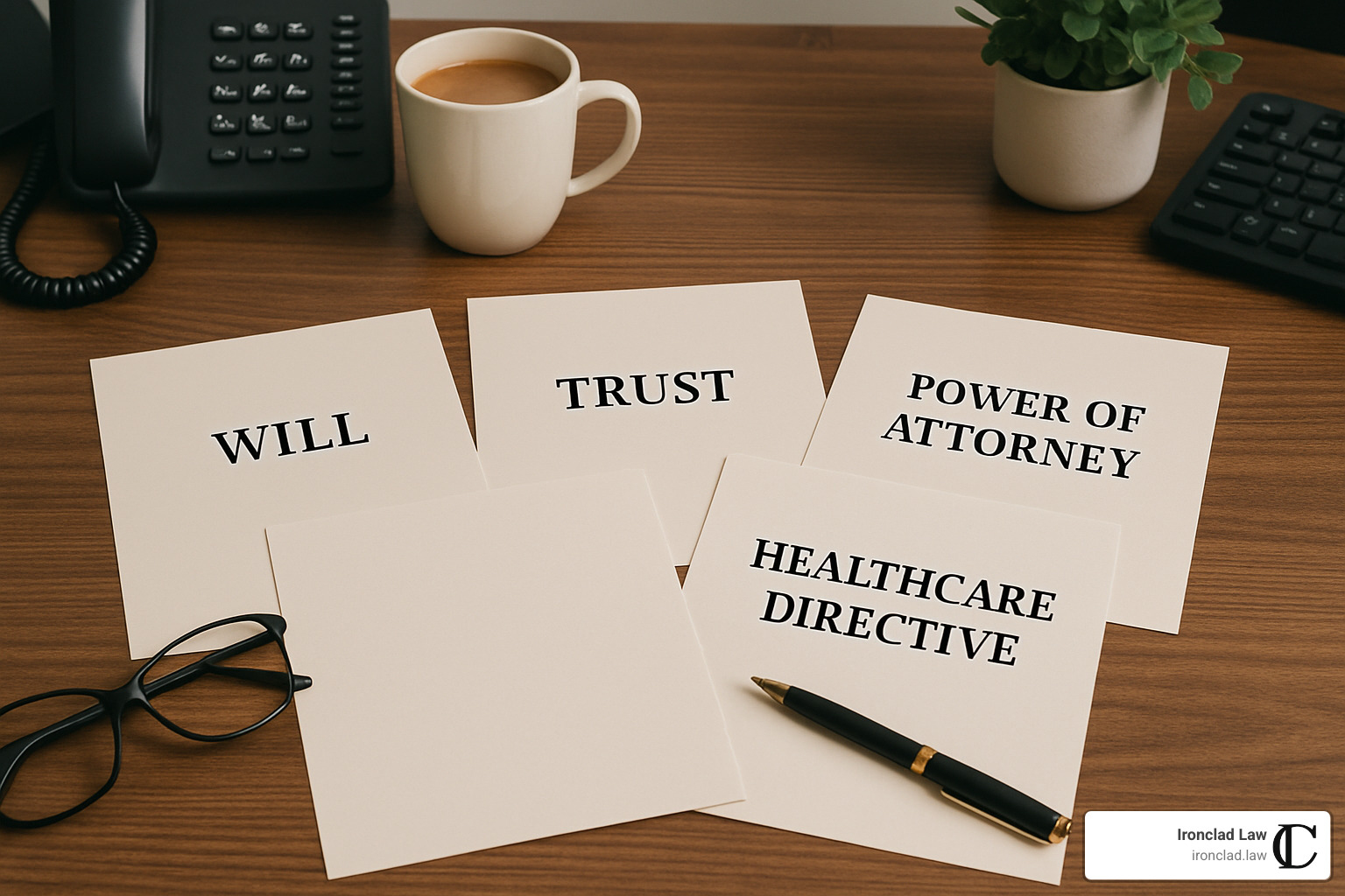 Estate planning documents including will, trust, power of attorney, and healthcare directives spread on desk - estate planning needs