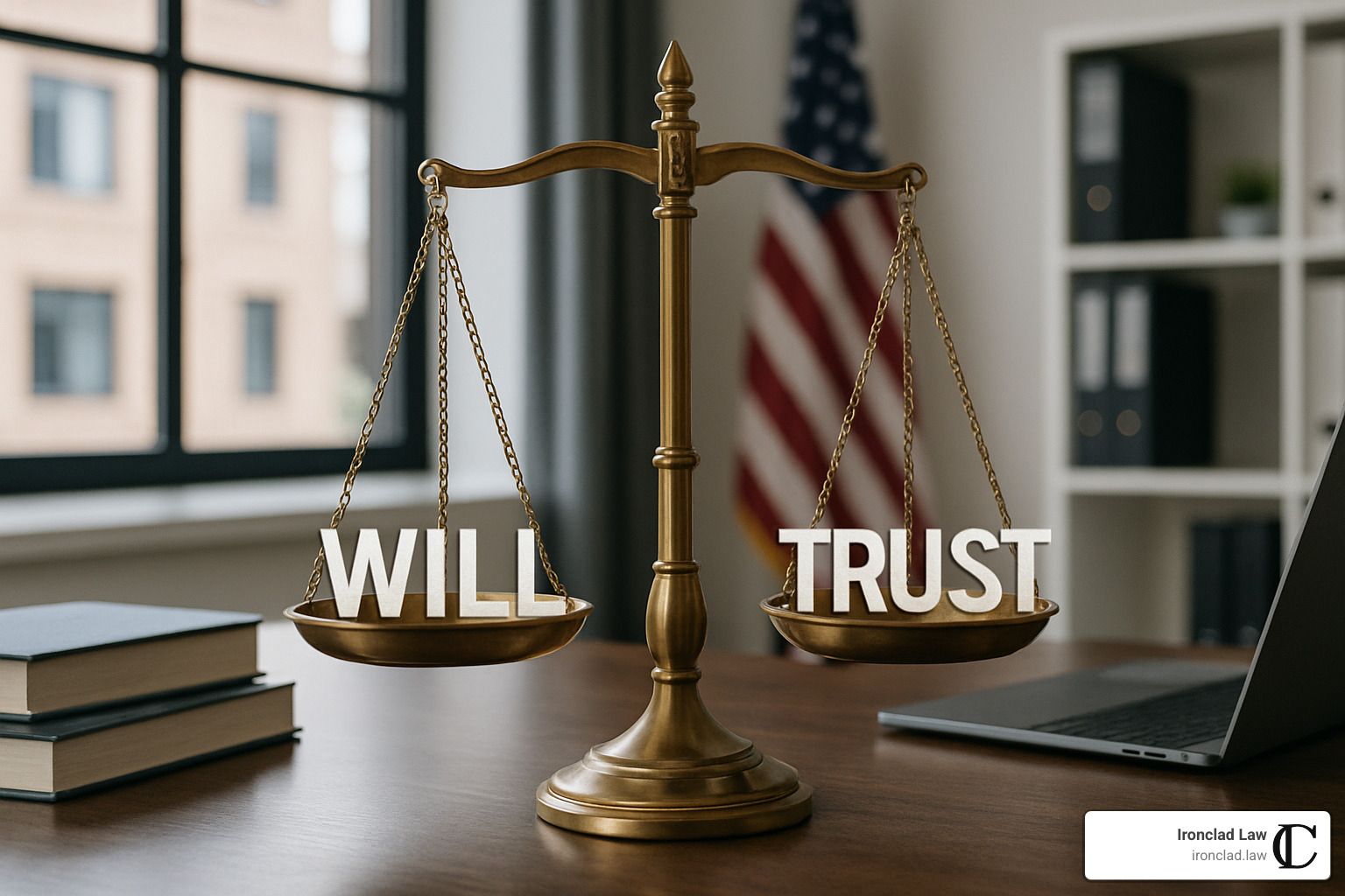 Scales of justice weighing will versus trust options - estate planning needs
