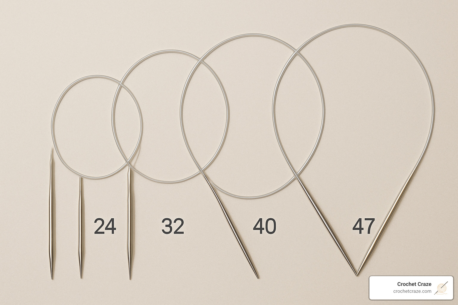 Circular needles of different lengths laid out with measurement labels - circular needle knitting