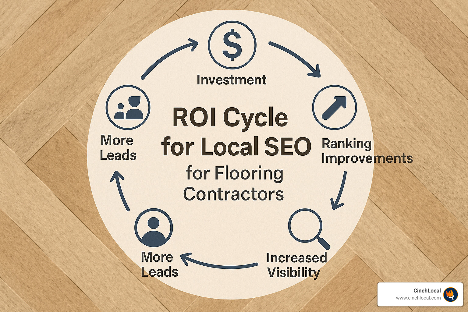 ROI cycle for local SEO showing investment, optimization, ranking improvements, increased visibility, more leads, and revenue growth with darker font - local seo for flooring contractors infographic - local seo for flooring contractors