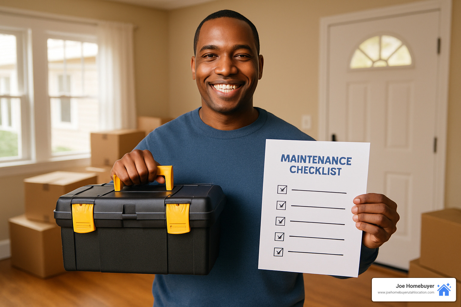 new homeowner with toolkit and maintenance checklist - first time home buying for dummies