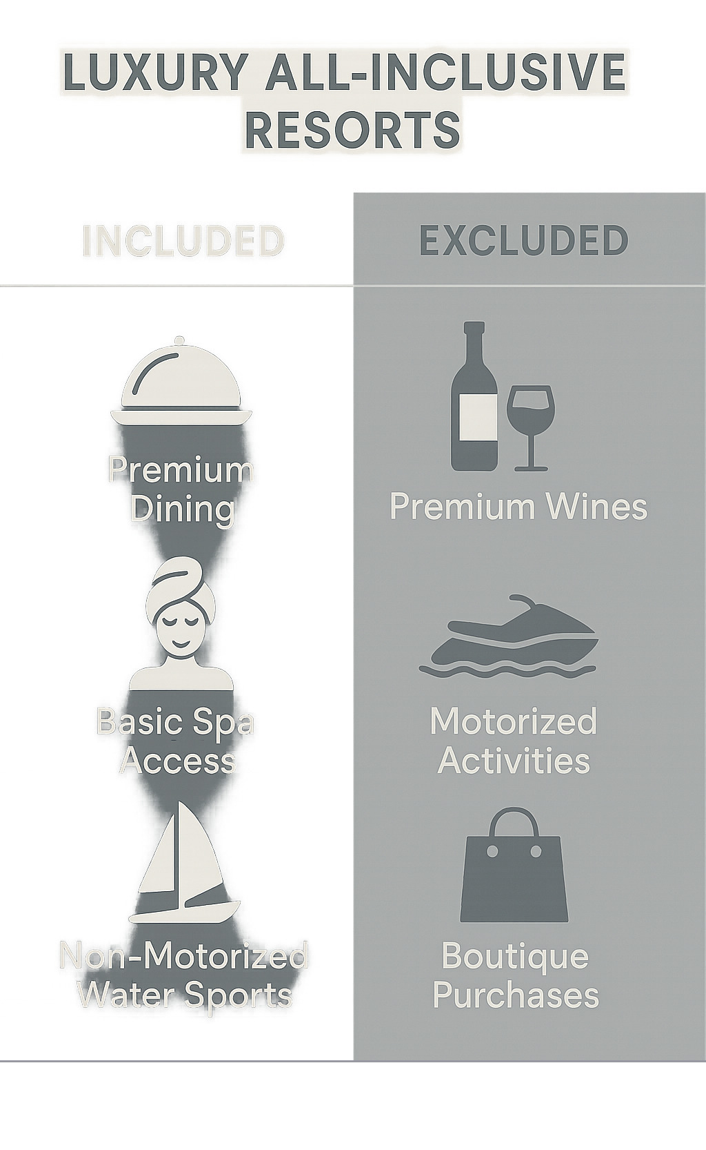 Detailed breakdown of what's typically included vs. excluded in luxury all-inclusive resorts, showing included items like premium dining, basic spa access, and non-motorized water sports contrasted with excluded items like premium wines, motorized activities, and boutique purchases - all inclusive luxury hotels infographic 