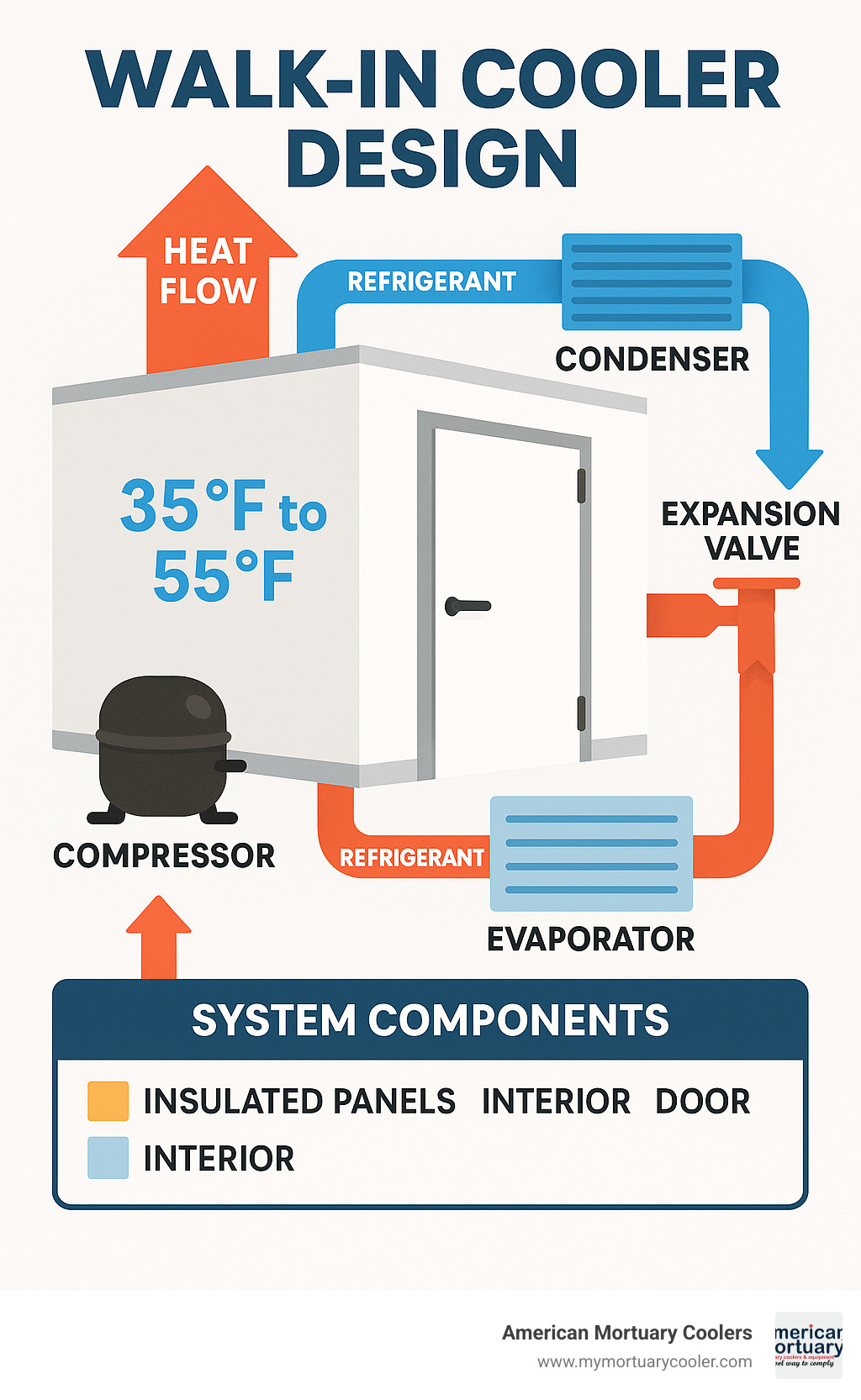 Walk-in cooler design showing refrigeration cycle with compressor, condenser, expansion valve, and evaporator, including heat flow direction, temperature ranges, and system components - walk in cooler design infographic 