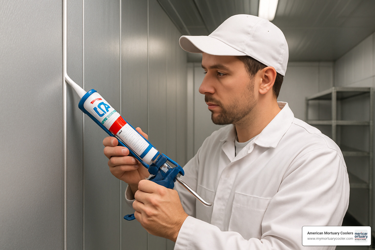 Technician properly sealing walk-in cooler panel joints with NSF-approved silicone - walk in cooler design