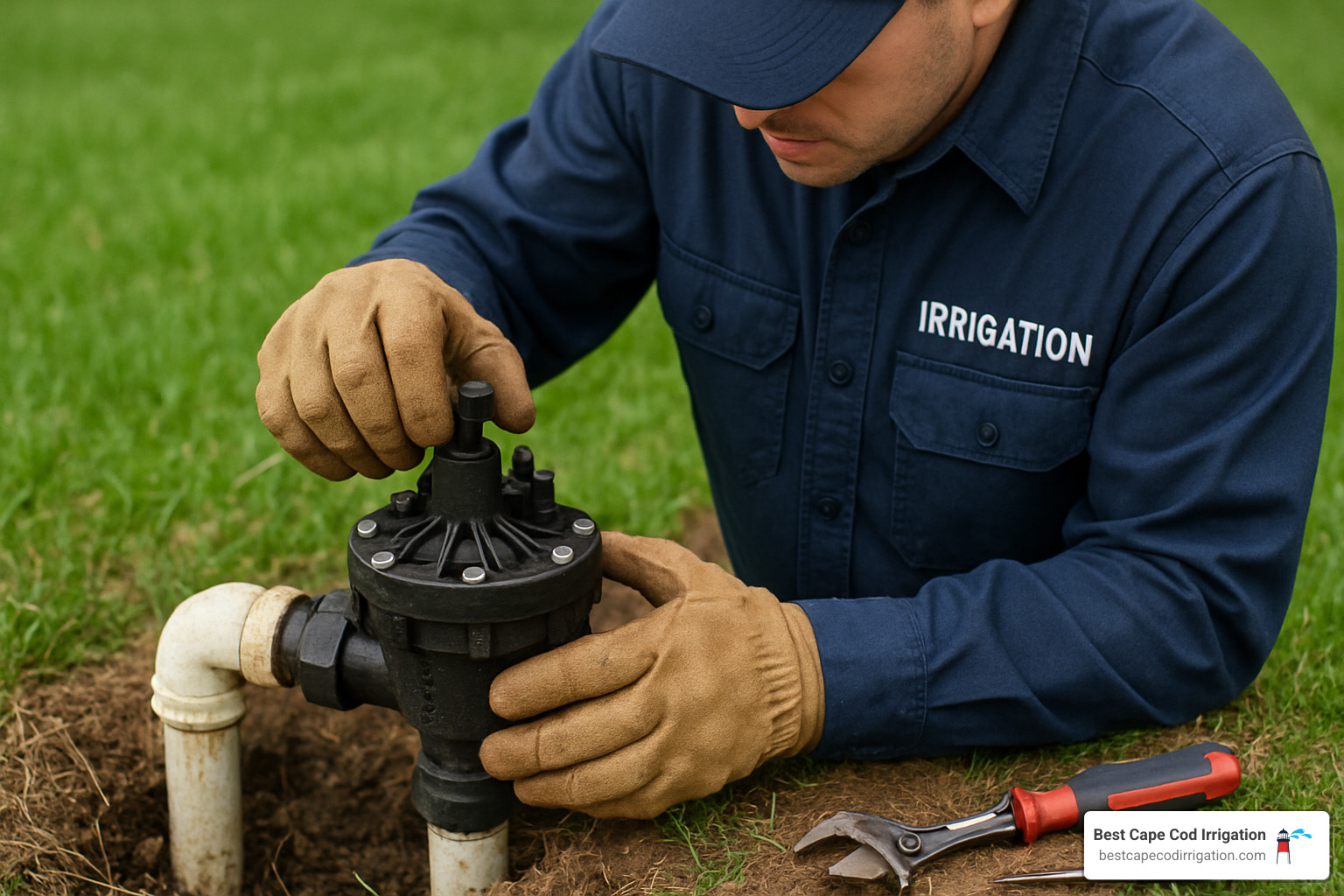 Close-up of irrigation technician performing spring maintenance on a sprinkler system valve - spring rain lawn sprinklers