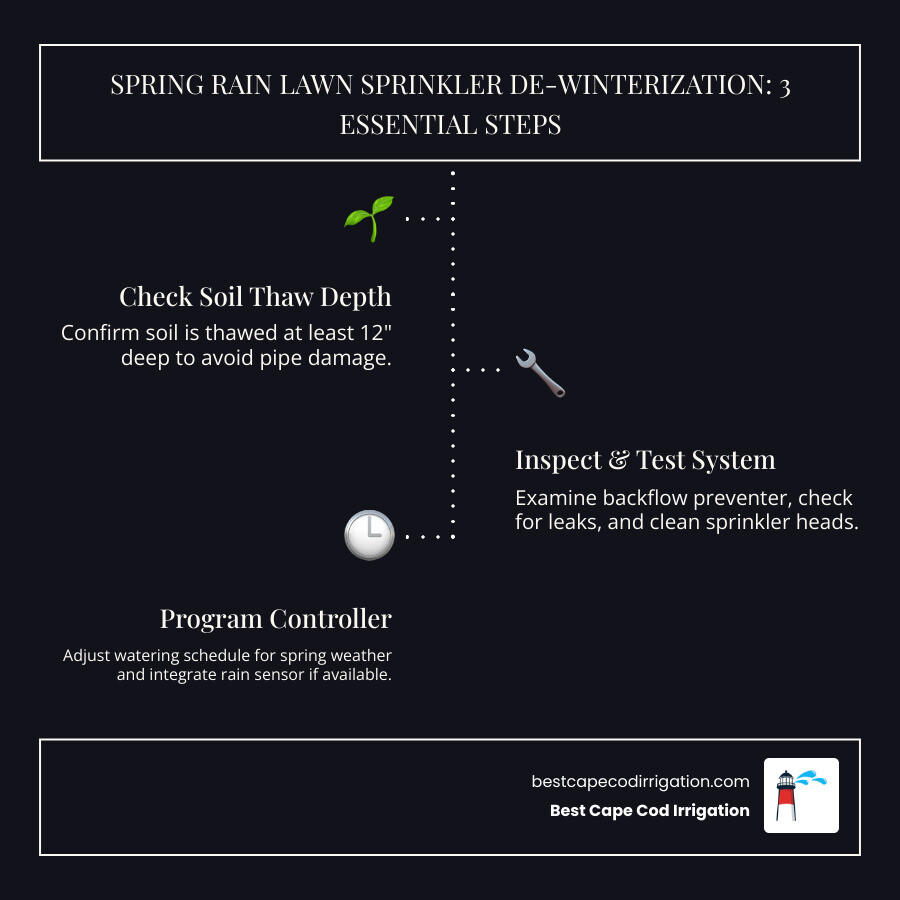 Spring rain lawn sprinkler de-winterization timeline showing soil thaw check, backflow inspection, pressure testing, head adjustment, and controller programming steps with recommended timing for Cape Cod's climate - spring rain lawn sprinklers infographic infographic-line-3-steps-dark