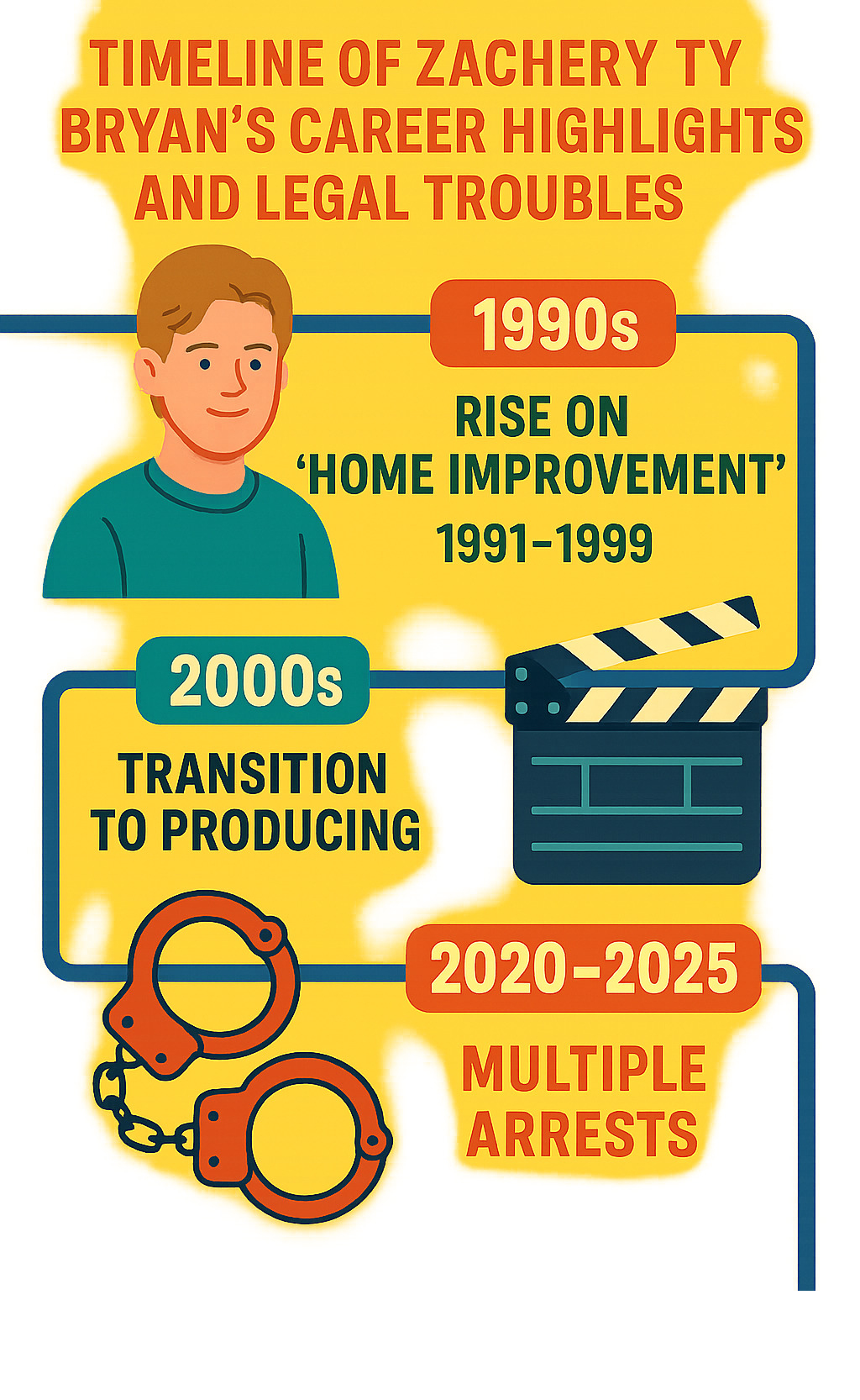 Timeline of Zachery Ty Bryan's career highlights and legal troubles showing his rise on Home Improvement in the 1990s, transition to producing in the 2000s, and multiple arrests between 2020-2025 - zachery ty bryan infographic 