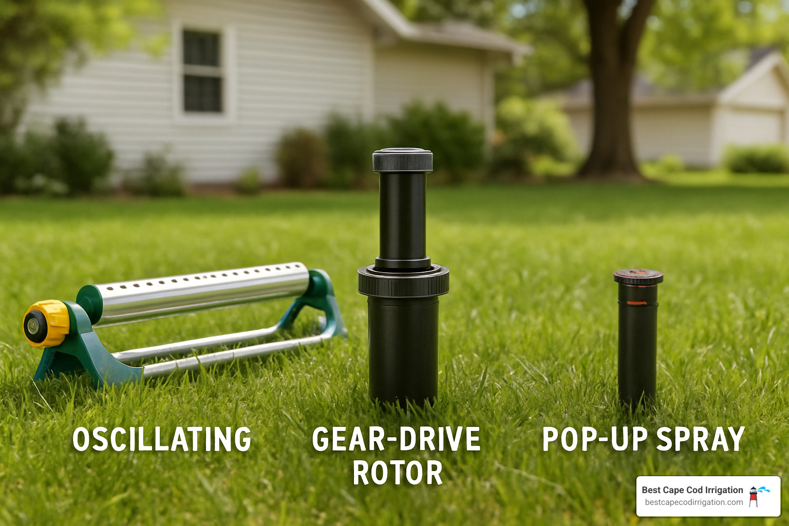 Different types of lawn sprinkler heads including oscillating, rotor, and pop-up models - spring rain lawn sprinklers
