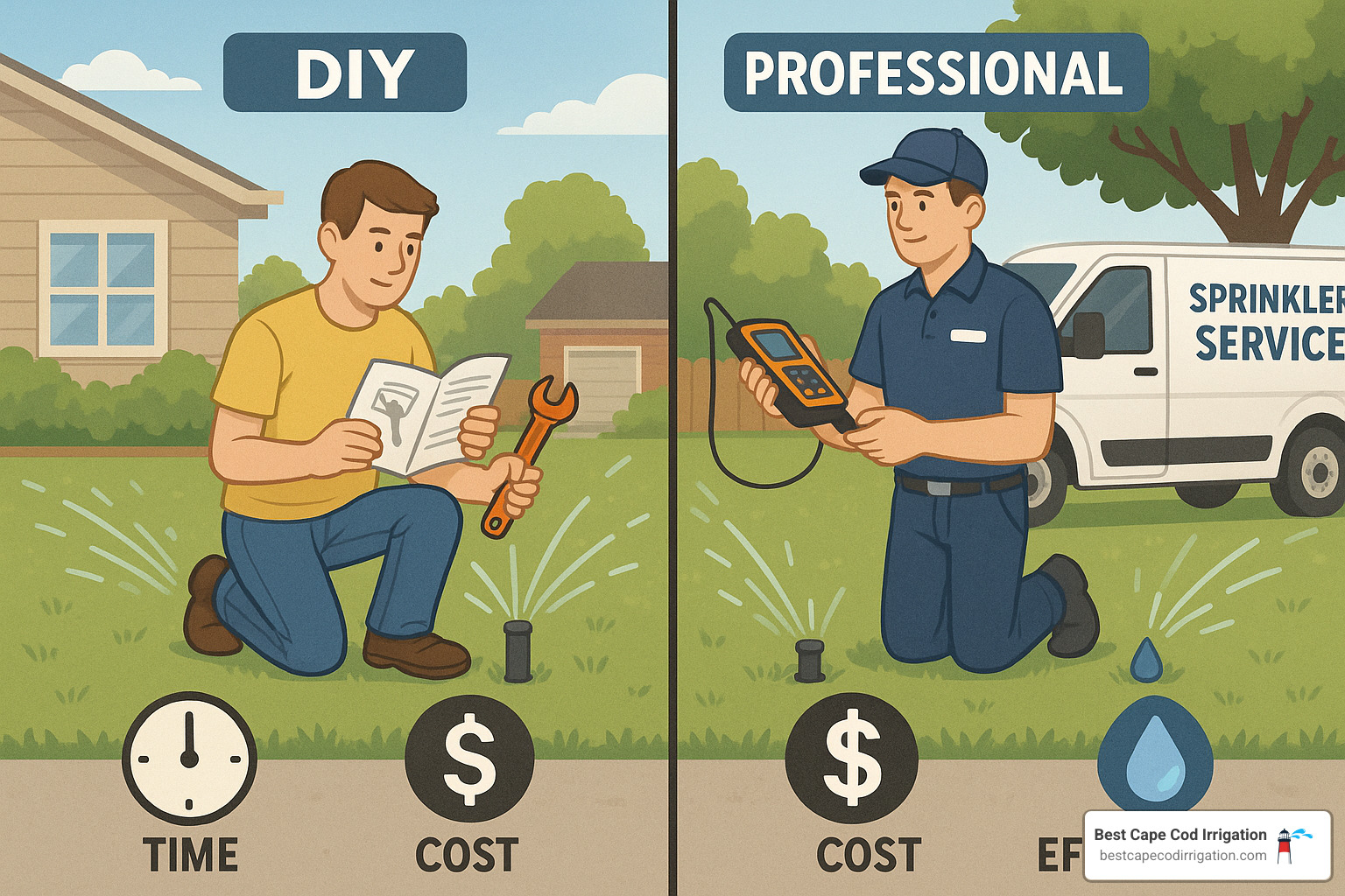 Comparison of DIY vs professional sprinkler maintenance showing time, cost, and efficiency factors - spring rain lawn sprinklers