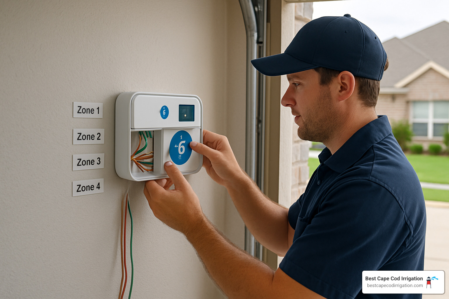 Irrigation technician installing a smart controller on a residential sprinkler system - spring rain lawn sprinklers