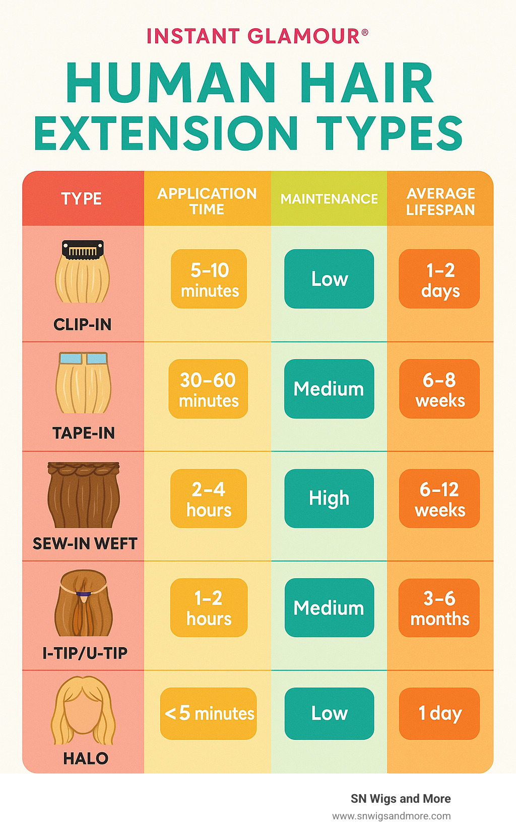 Human hair extension types showing clip-in, tape-in, sew-in weft, I-tip/U-tip, and halo methods with application time, maintenance requirements, and average lifespan for each type - human hair extensions infographic 