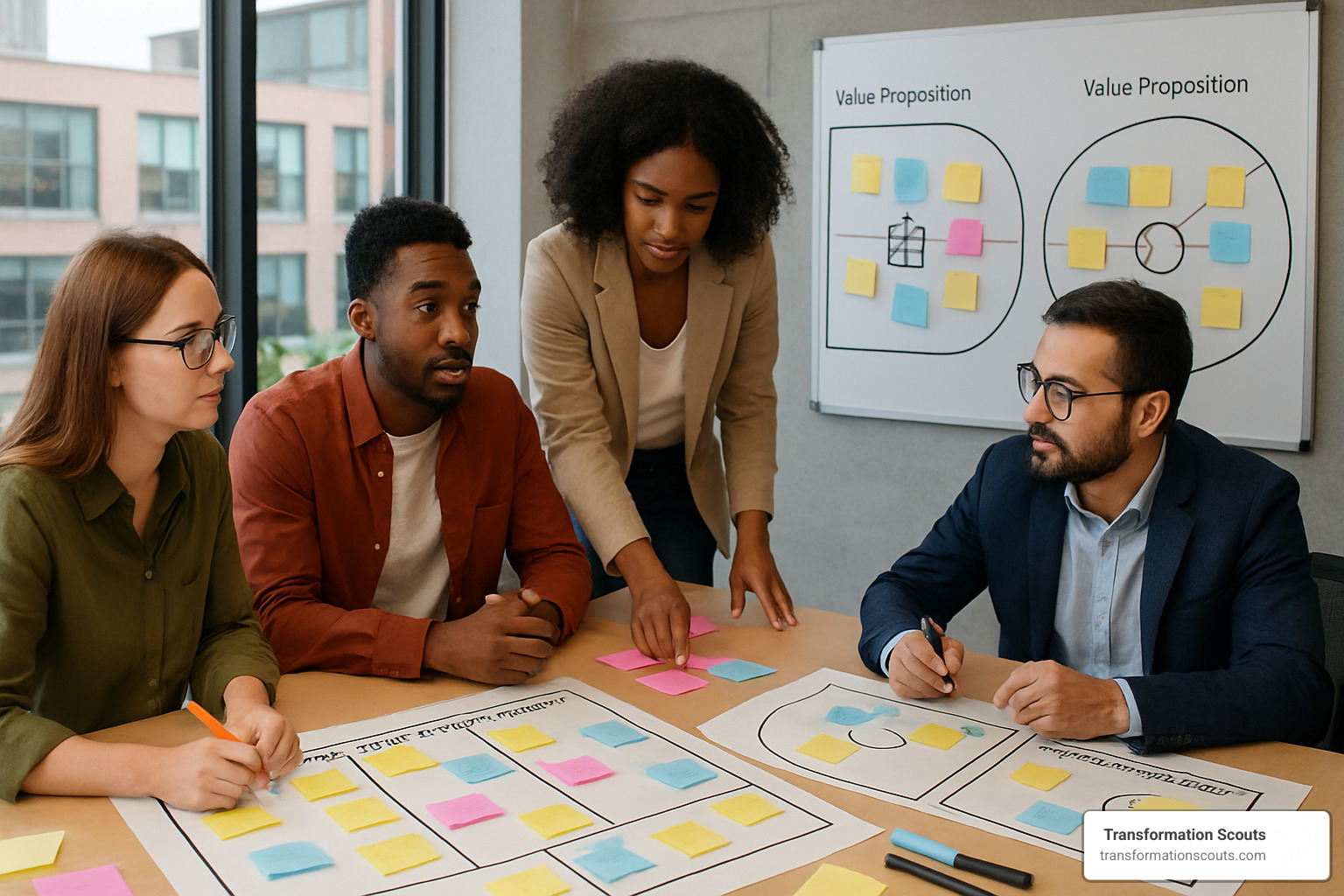 Team using Business Model Canvas and Value Proposition Canvas in a workshop - business innovation workshops