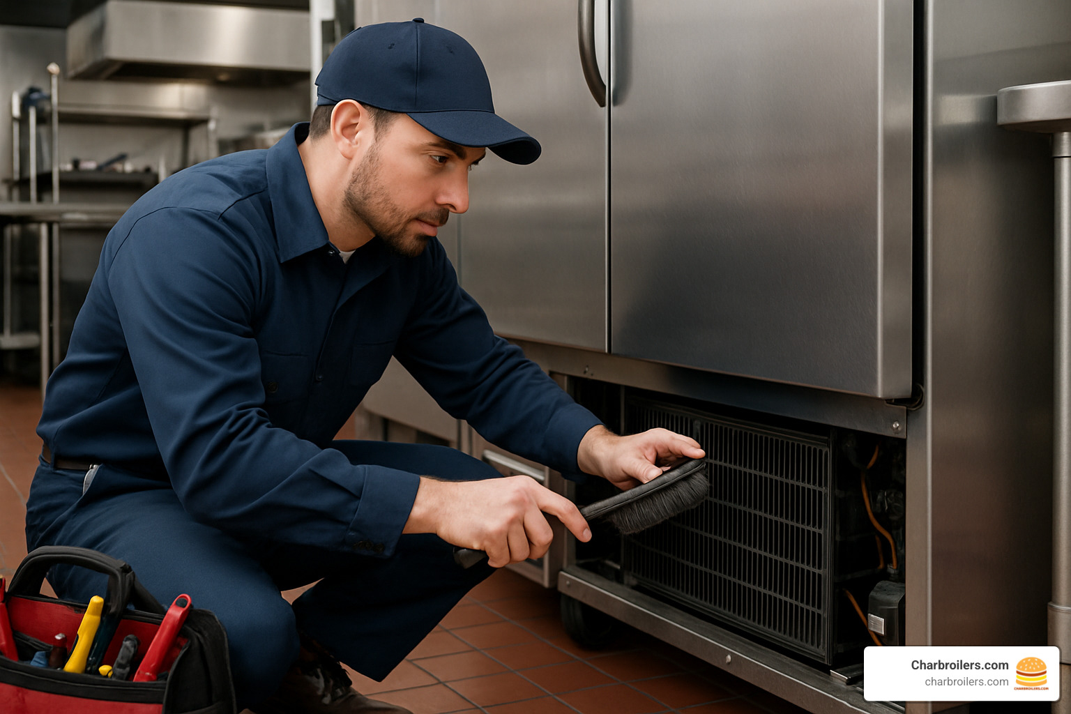 technician cleaning commercial refrigerator condenser coils - commercial refrigerator for restaurant
